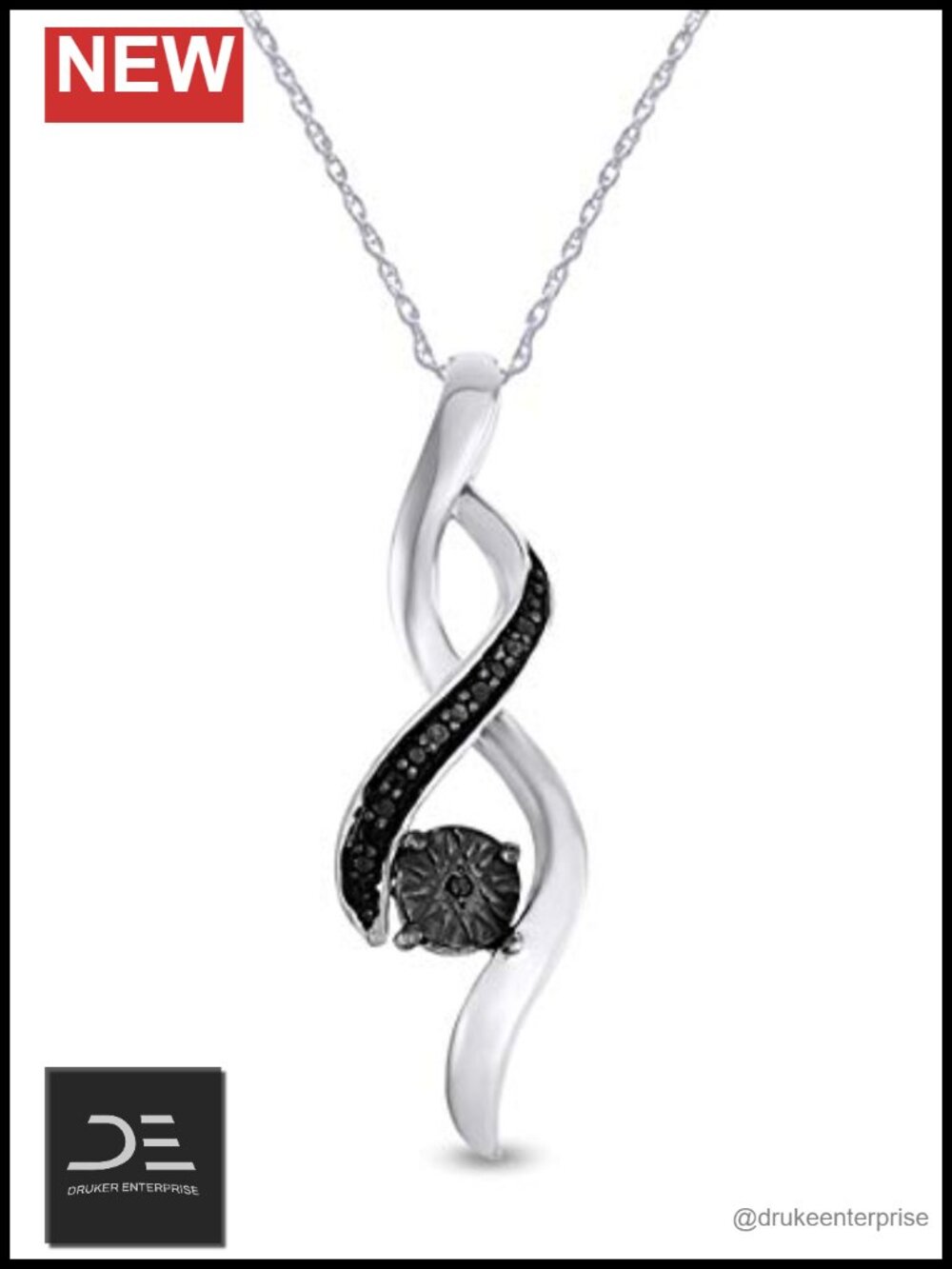 Infinity Pendant Necklace 1/10ctw Round Black Natural Diamond 14K White Gold